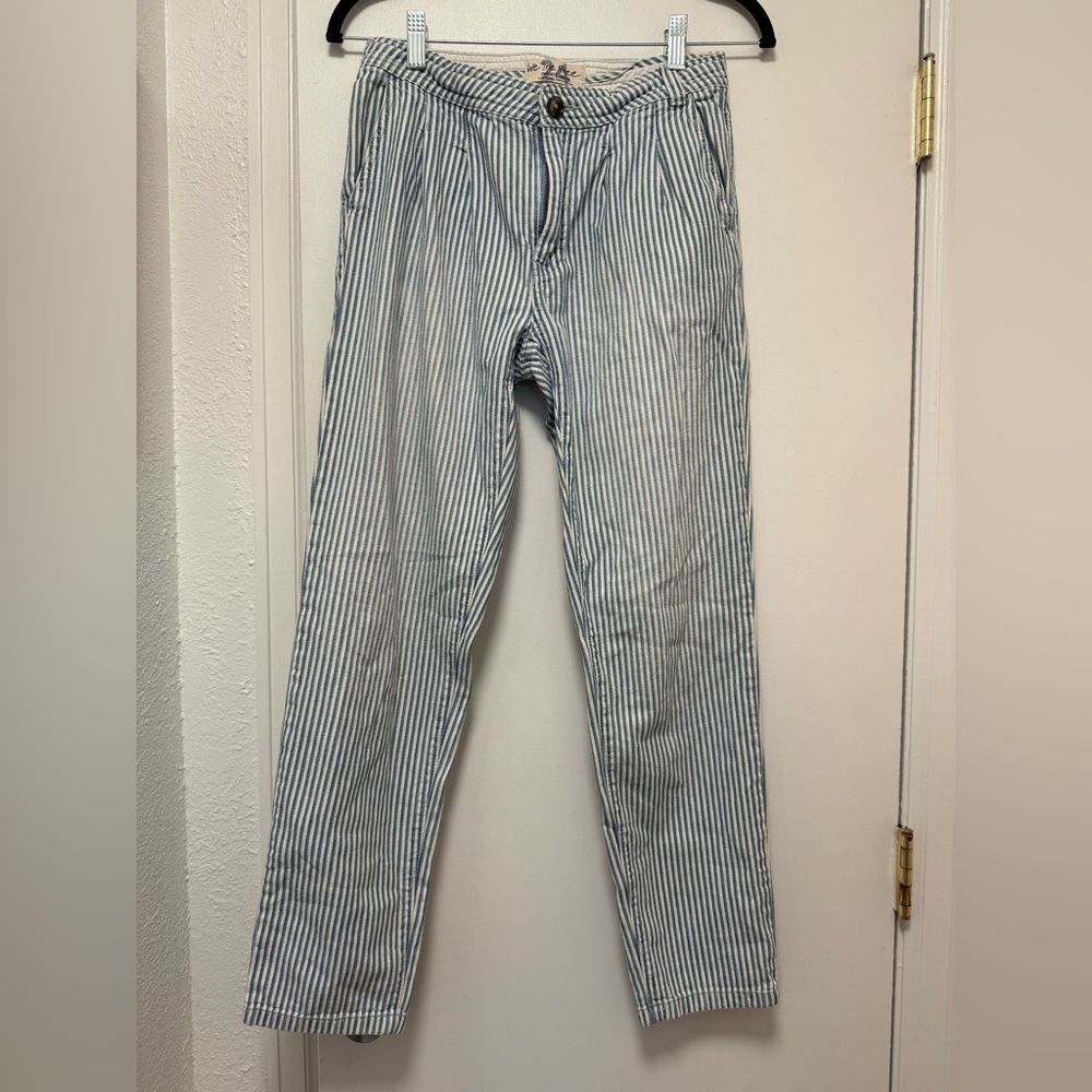Free People We the Free Blue White Pinstripe Pleated 100% Cotton Pants Size 24